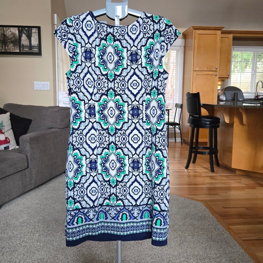 NWT Liz Claiborne sz Large cap sleeve patterned dress blue / white / mint green - Picture 4 of 5